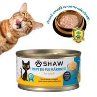 Hrana umeda premium SHAW pentru pisici adulte si mofturoase cu piept de pui maruntit in supa, fara cereale, 80g