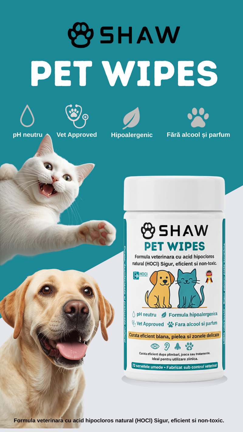 Servetele umede SHAW Pet Wipes pentru caini si pisici, cu acid hipocloros HOCl, non-toxic, hipoalergenic, vet approved