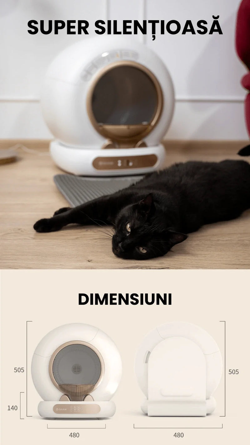Litiera automata smart SHAW® V4 pentru pisici, auto-curatare, eliminare mirosuri prin ionizare, aplicatie mobila, 9L