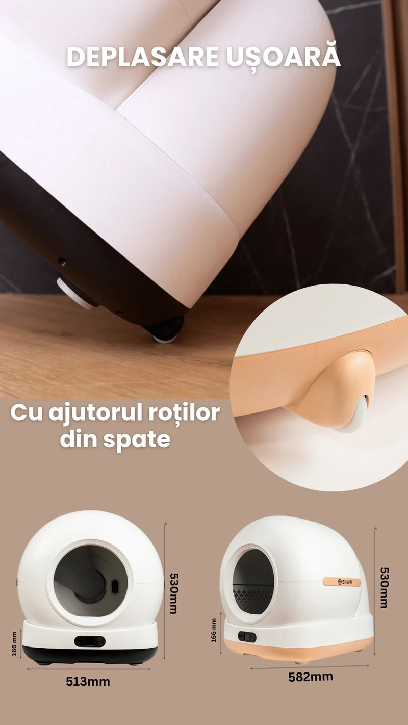 Litiera automata smart SHAW® Ultra pentru pisici, auto-curatare, sterilizare UV, odorizant, aplicatie mobila, bej