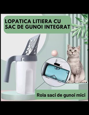 Lopatica litiera pisici cu sac gunoi integrat detașabil + 1 rola saci gunoi