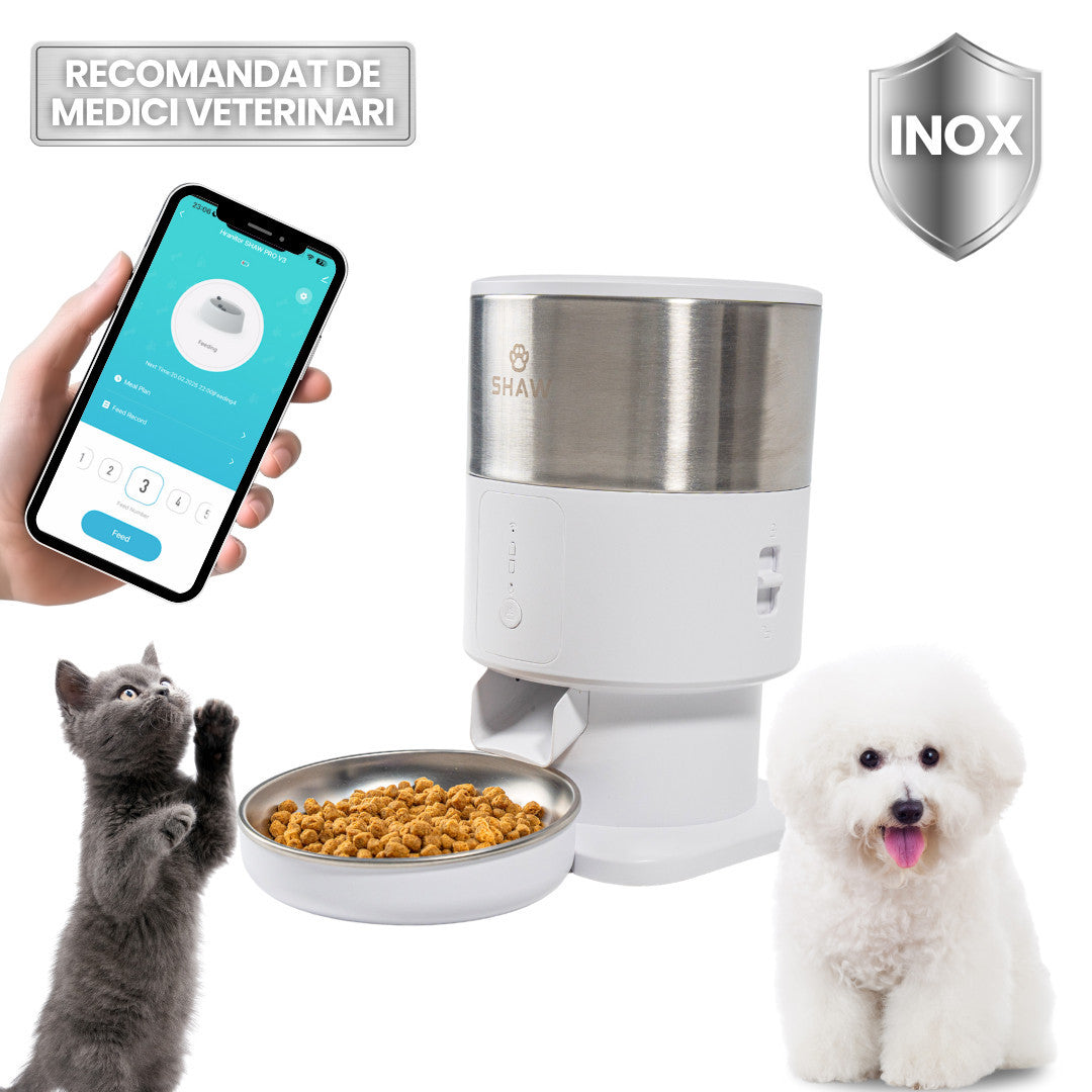 Hranitor automat Smart SHAW® PRO V3 mini pentru caini si pisici, Aplicatie mobila, Programare hrana, Alb