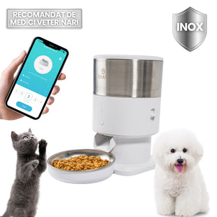 Hranitor automat Smart SHAW® PRO V3 mini pentru caini si pisici, Aplicatie mobila, Programare hrana, Alb