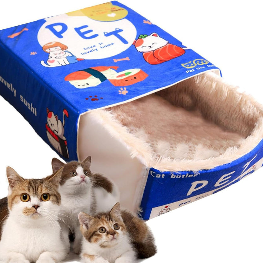 Pat pentru caini si pisici, SHAW , pufos si calduros, tip cutie, albastru