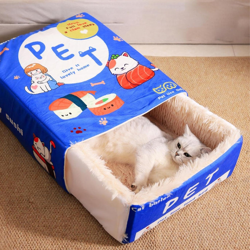 Pat pentru caini si pisici, SHAW , pufos si calduros, tip cutie, albastru