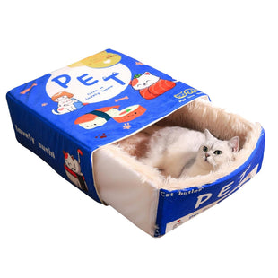 Pat pentru caini si pisici, SHAW , pufos si calduros, tip cutie, albastru