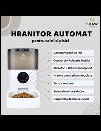 Hranitor automat Smart SHAW® pentru caini si pisici cu Camera Video infrarosu, Aplicatie telefon, Programabil, 4L