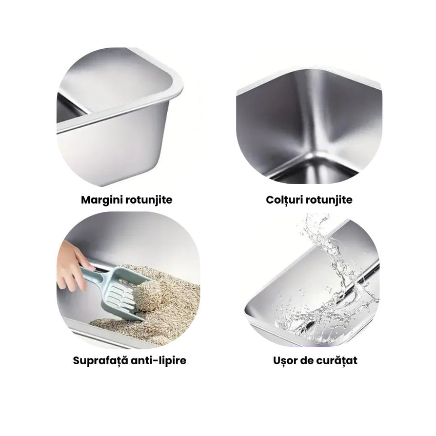 Litiera XXXL inox pisici SHAW®, cu prag si lopatica incluse, usor de curatat, rezistenta
