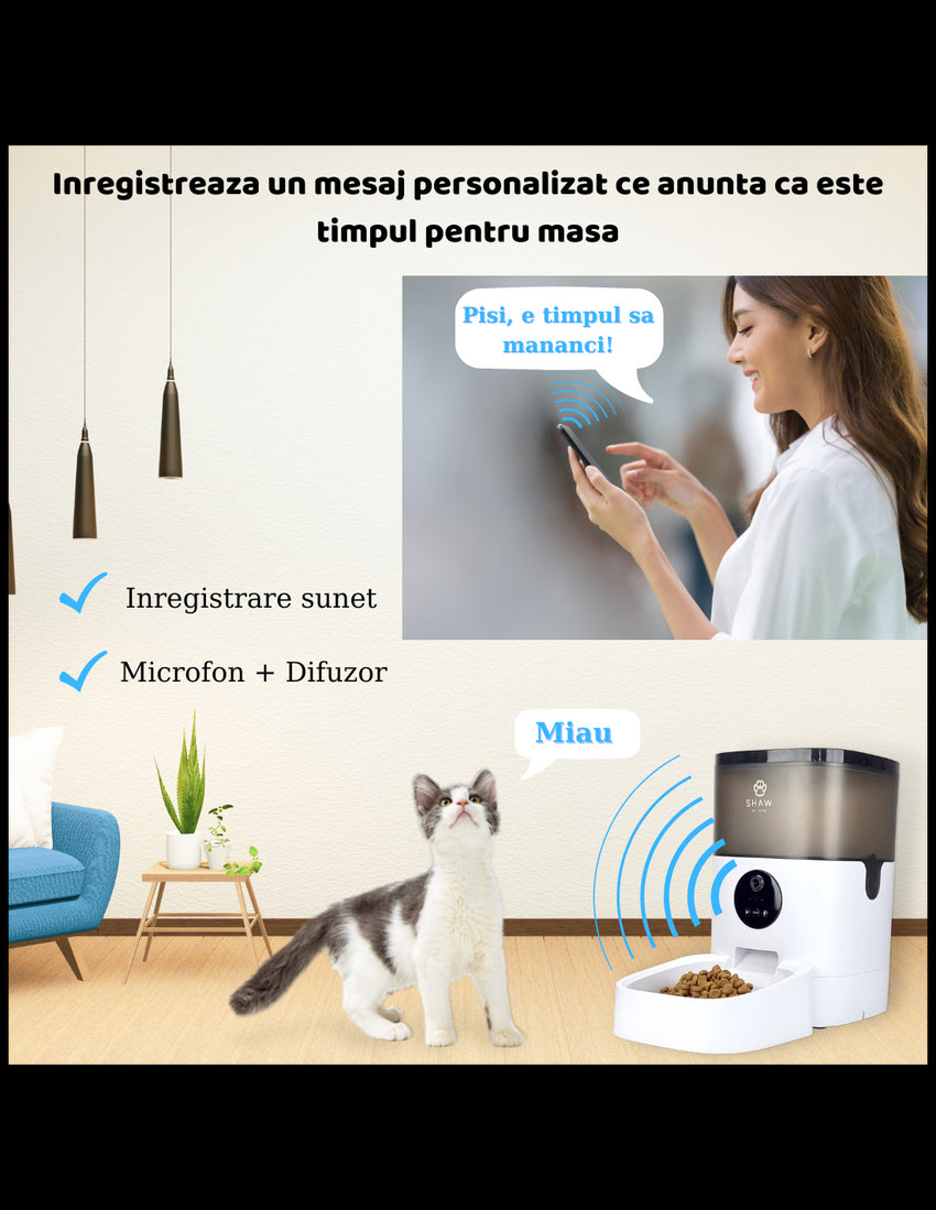 Hranitor automat Smart SHAW® pentru caini si pisici cu Camera Video infrarosu, Aplicatie telefon, Programabil, 4L
