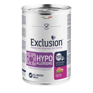 EXCLUSION Monoprotein VD Hypoallergenic, XS-XL, Porc și Mazăre, dietă veterinară, conservă hrană umedă fără cereale câini, alergii, (pate), 400g