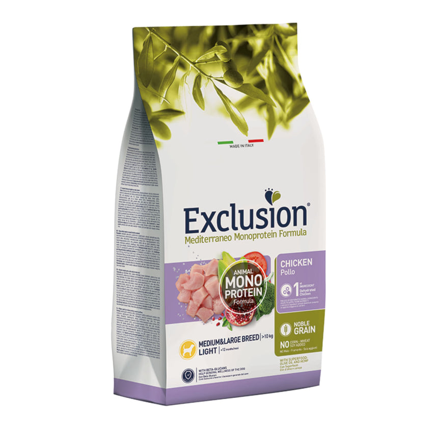 EXCLUSION Mediterraneo Monoprotein Formula Light Medium&Large, M-XL, Pui, hrană uscată monoproteică câini sterilizați, obezitate, 12kg