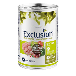 EXCLUSION Mediterraneo Monoprotein Formula, XS-XL, Pui, conservă hrană umedă monoproteică câini, (pate), 400g
