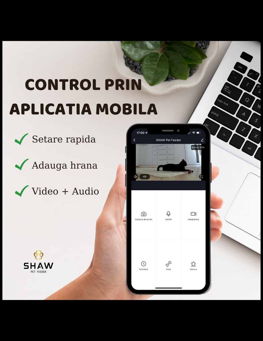 Hranitor automat Smart SHAW® pentru caini si pisici cu Camera Video infrarosu, Aplicatie telefon, Programabil, 4L
