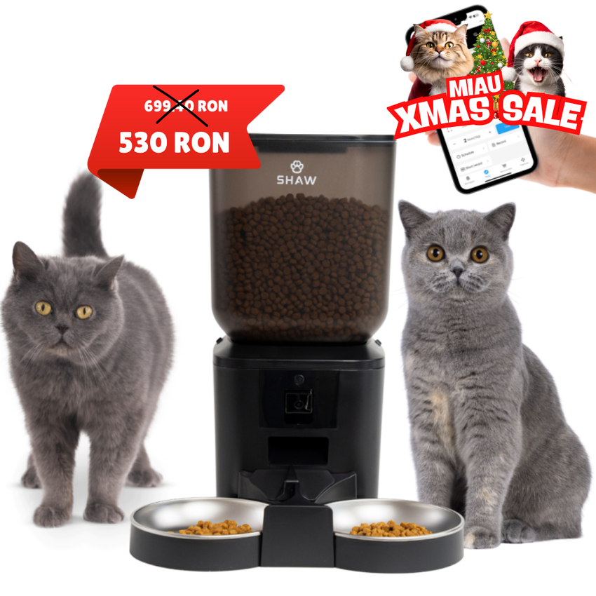 Hranitor automat smart SHAW® pentru caini si pisici, aplicatie mobila, 7L, programare hranire, camera reglabila, 2 boluri, negru