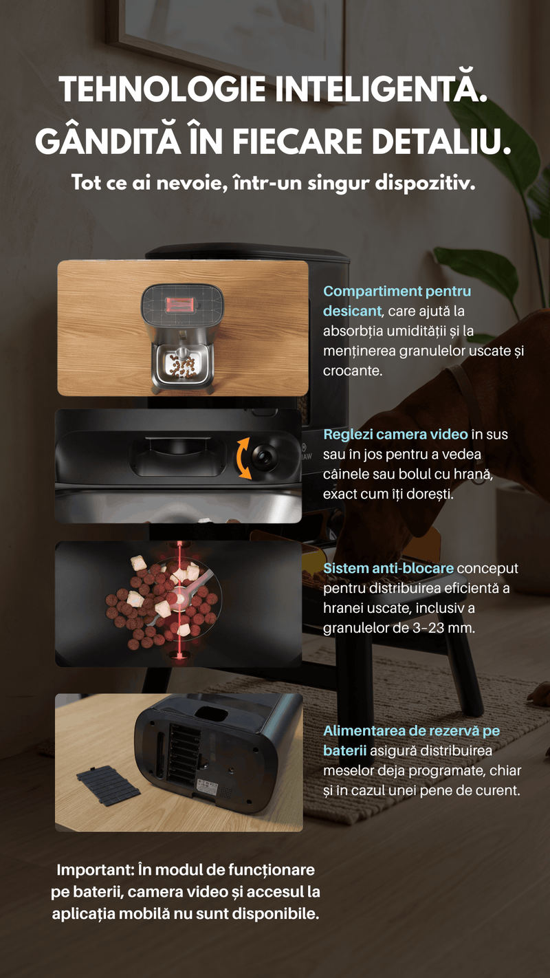 Hranitor automat smart SHAW® Titan PRO pentru caini, aplicatie mobila, camera video, 15L, programare hranire, negru