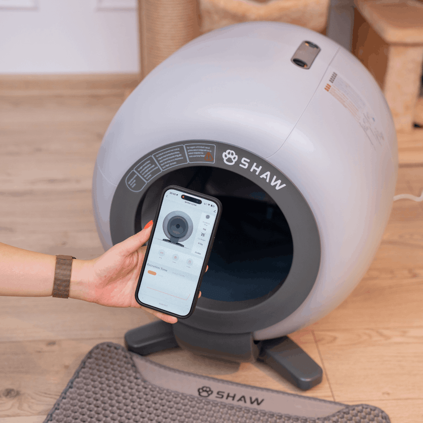 Litiera automata smart SHAW® LUNA pentru pisici, auto-curatare, izolare mirosuri, aplicatie mobila, 9L