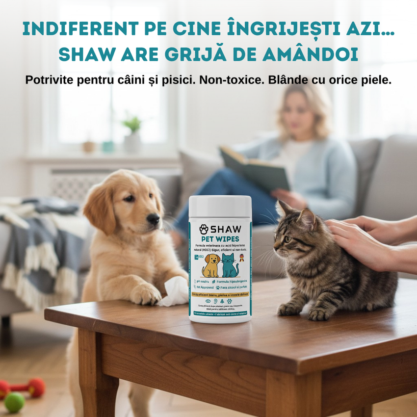 Servetele umede SHAW Pet Wipes pentru caini si pisici, cu acid hipocloros HOCl, non-toxic, hipoalergenic, vet approved