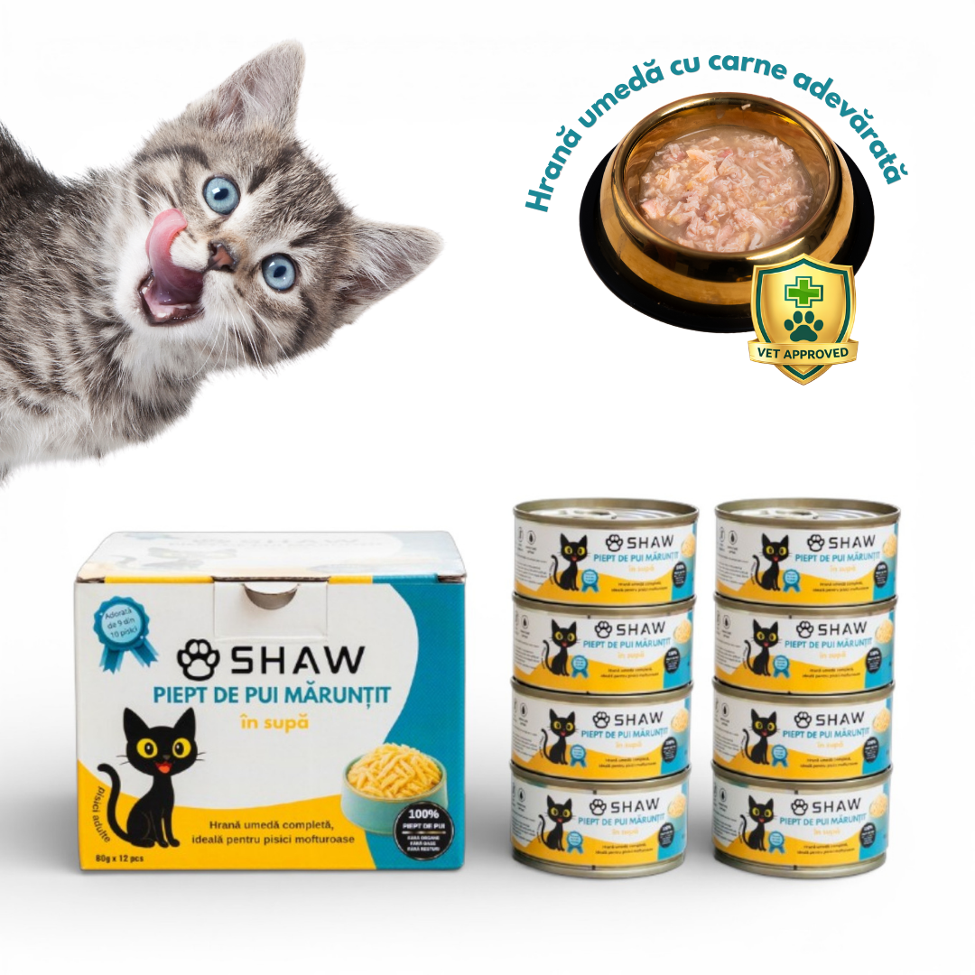 SET 12 buc Hrana umeda premium SHAW pentru pisici adulte si mofturoase cu piept de pui maruntit in supa, fara cereale, 80g