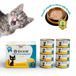 SET 12 buc Hrana umeda premium SHAW pentru pisici adulte si mofturoase cu piept de pui maruntit in supa, fara cereale, 80g