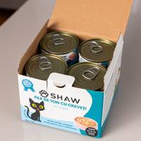 SET 12 buc Hrana umeda premium SHAW pentru pisici adulte si mofturoase cu file de ton si creveti in supa, fara cereale, 80g