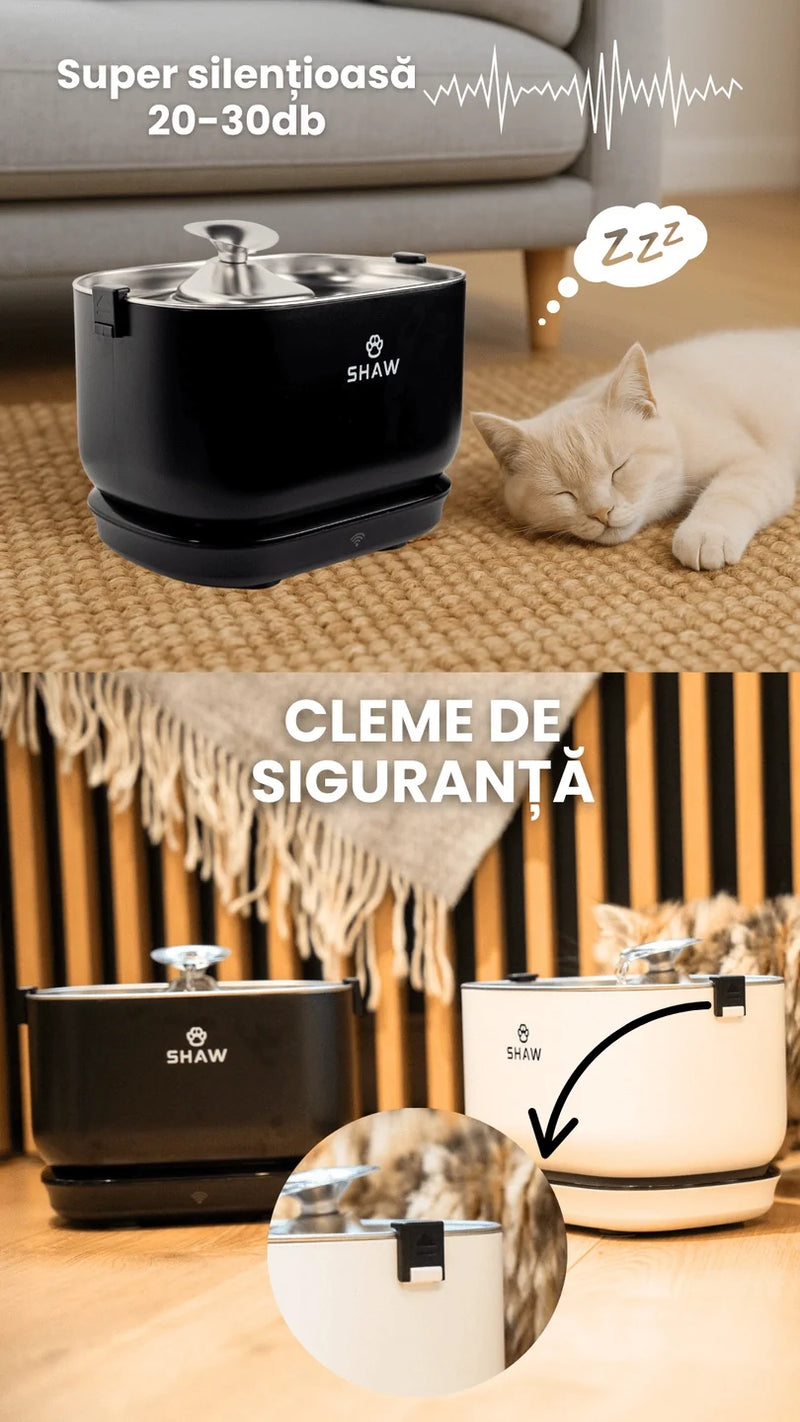 Fantana de apa smart SHAW® PRO V3 cu baterie si senzor, aplicatie mobila, sterilizare UV, pompa prin inductie, sistem filtrare, Negru