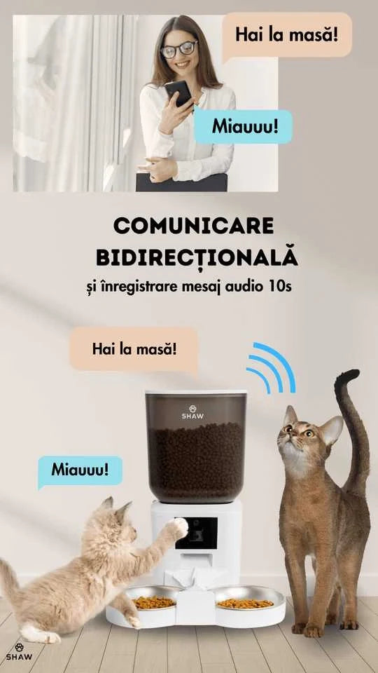 Hranitor automat smart SHAW® pentru caini si pisici, aplicatie mobila, 7L, programare hranire, camera reglabila, 2 boluri, alb