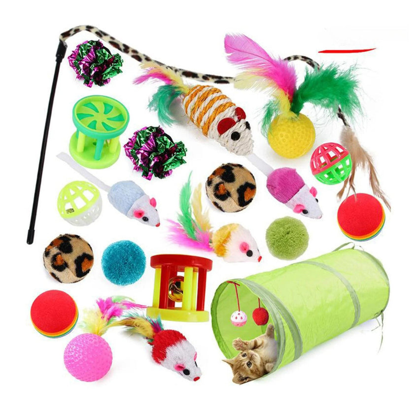 Set 21 Jucarii pentru Pisici SHAW, Tunel, Undita cu Pene, Pesti, Soareci, Bile