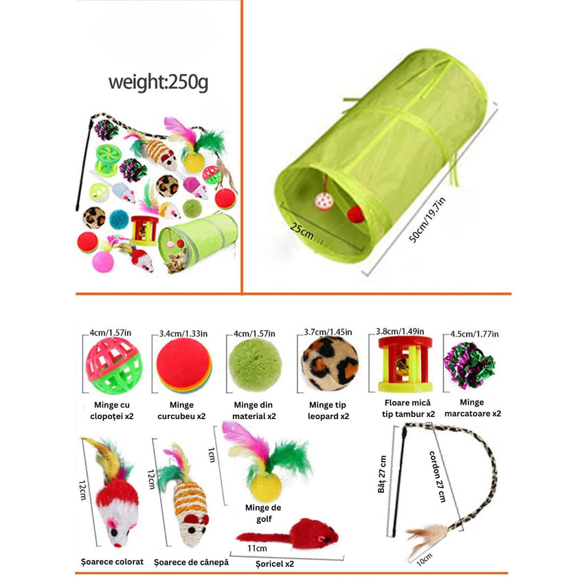 Set 21 Jucarii pentru Pisici SHAW, Tunel, Undita cu Pene, Pesti, Soareci, Bile