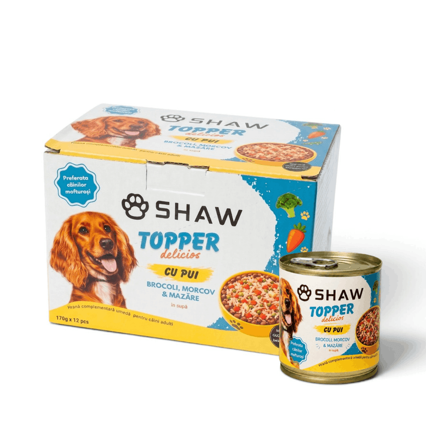 SET 12 - Topper premium pentru câini SHAW cu piept de pui, morcov, broccoli și mazăre în supă, hrană umedă complementară, 170 g