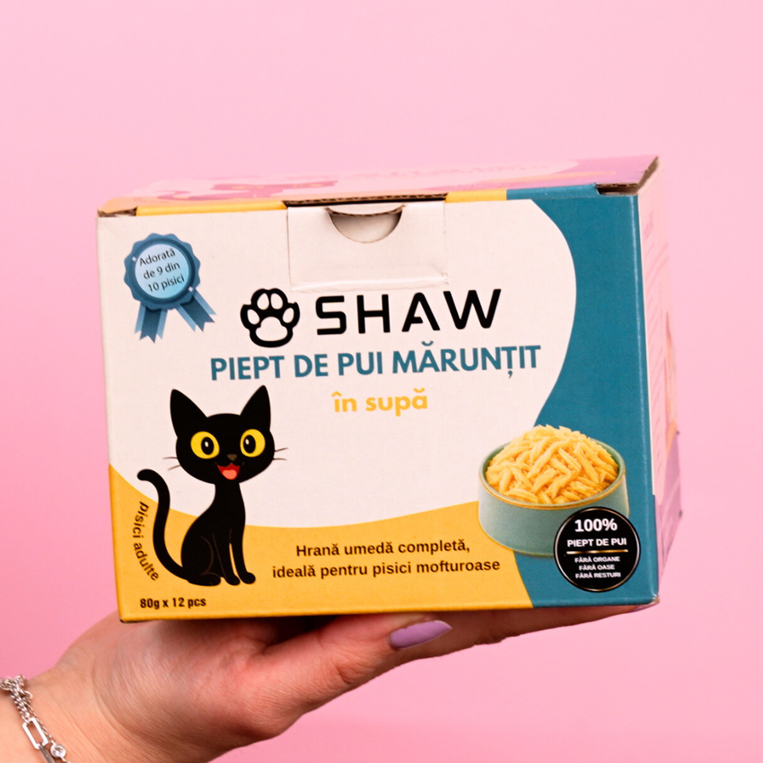 SET 12 buc Hrana umeda premium SHAW pentru pisici adulte si mofturoase cu piept de pui maruntit in supa, fara cereale, 80g