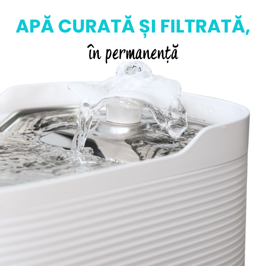 Fantana automata de apa SHAW Fresh pentru caini si pisici, tava din inox, capacitate 2.5L, pompa silentioasa, apa filtrata continuu
