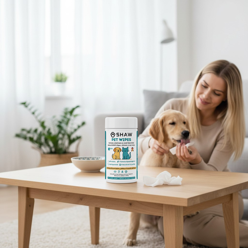 Servetele umede SHAW Pet Wipes pentru caini si pisici, cu acid hipocloros HOCl, non-toxic, hipoalergenic, vet approved
