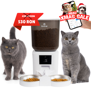 Hranitor automat smart SHAW® pentru caini si pisici, aplicatie mobila, 7L, programare hranire, camera reglabila, 2 boluri, alb