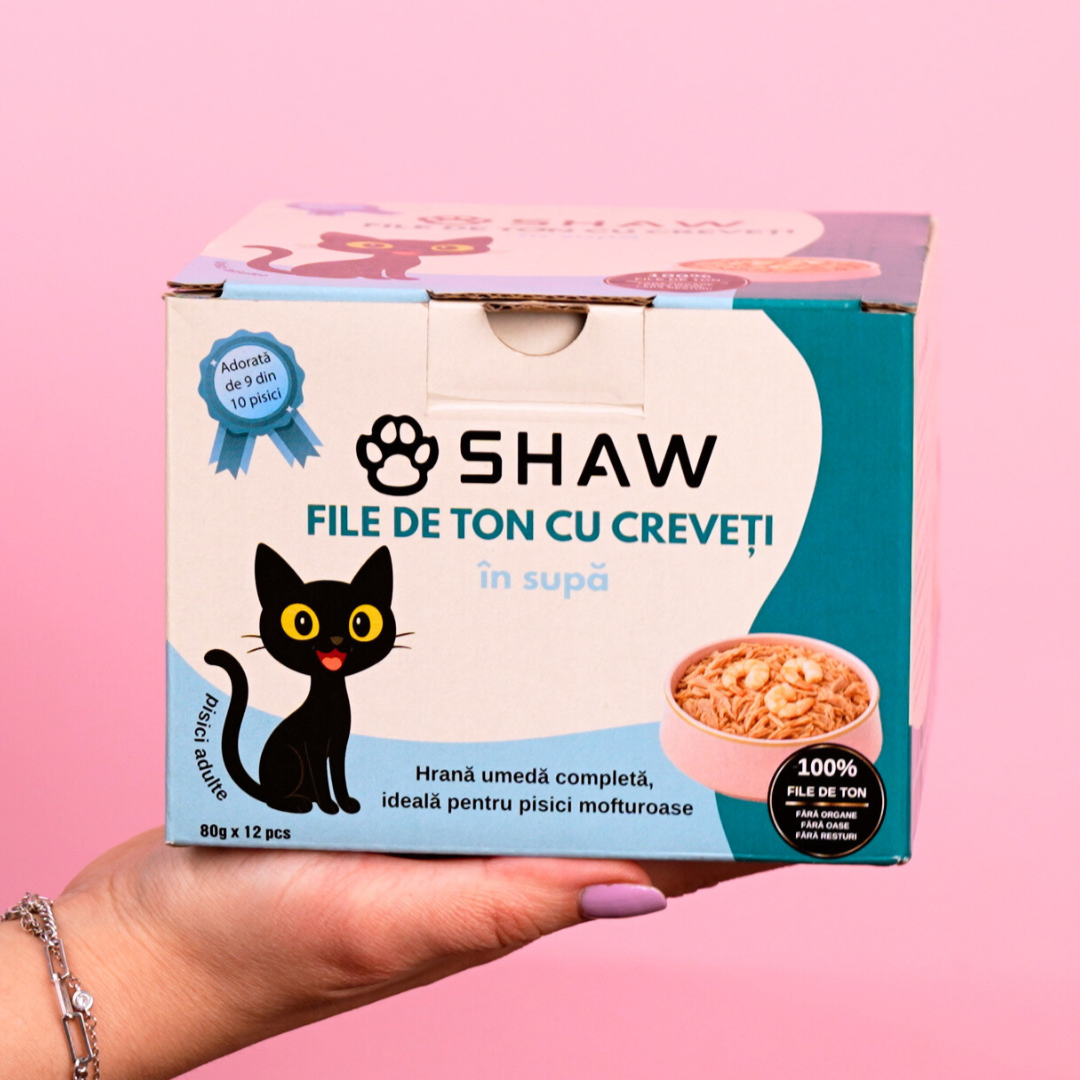SET 12 buc Hrana umeda premium SHAW pentru pisici adulte si mofturoase cu file de ton si creveti in supa, fara cereale, 80g