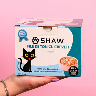 SET 12 buc Hrana umeda premium SHAW pentru pisici adulte si mofturoase cu file de ton si creveti in supa, fara cereale, 80g
