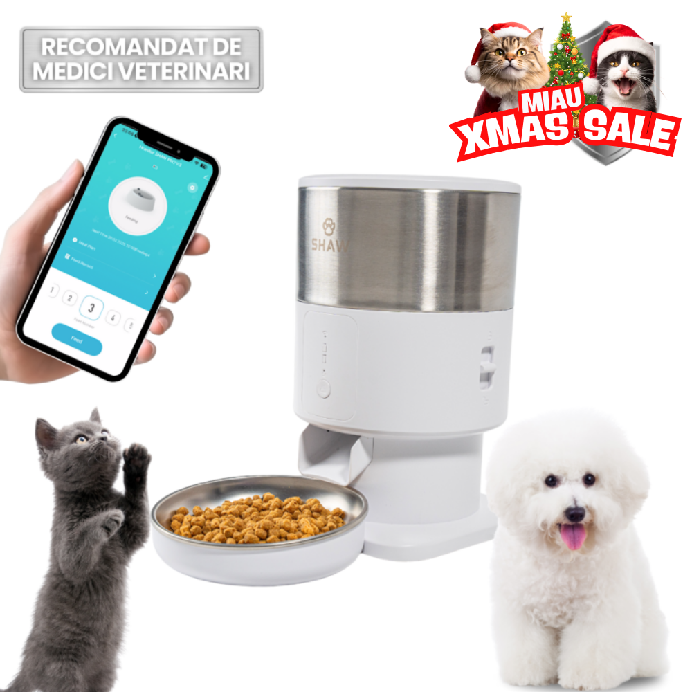 Hranitor automat Smart SHAW® PRO V3 mini pentru caini si pisici, Aplicatie mobila, Programare hrana, Alb