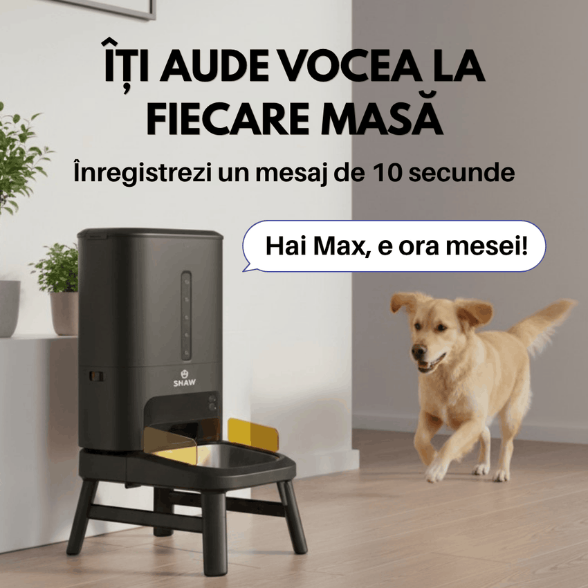 Hranitor automat smart SHAW® Titan PRO pentru caini, aplicatie mobila, camera video, 15L, programare hranire, negru