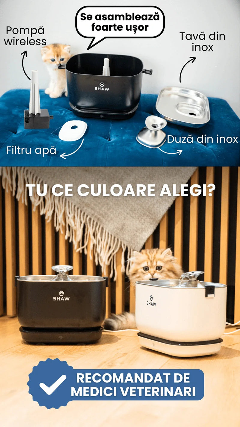 Fantana de apa smart SHAW® PRO V3 cu baterie si senzor, aplicatie mobila, sterilizare UV, pompa prin inductie, sistem filtrare, Negru