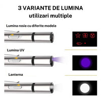 Laser 3 in 1, jucarie pentru pisici, 5 variante laser, Lumina UV, Lanterna, încărcare USB, Otel inoxidabil, Gri