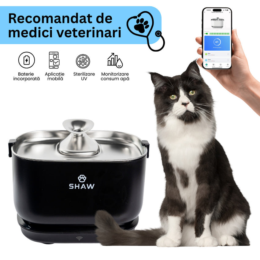 Fantana de apa smart SHAW® PRO V3 cu baterie si senzor, aplicatie mobila, sterilizare UV, pompa wireless, sistem filtrare, Negru