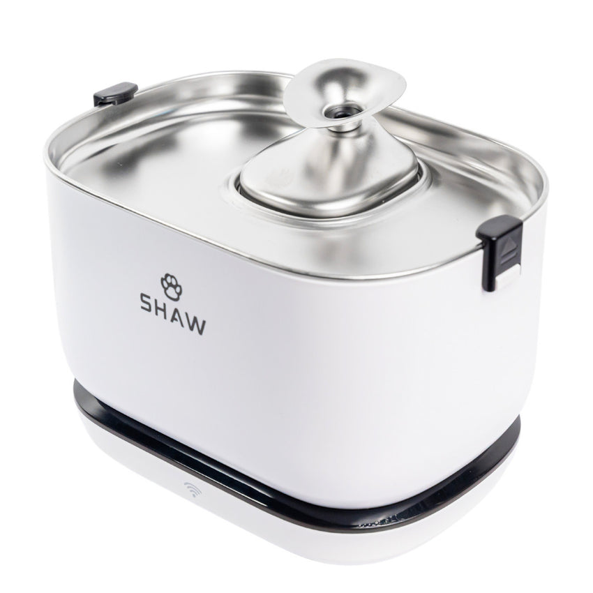 Fantana de apa smart SHAW® PRO V3 cu baterie si senzor, aplicatie mobila, sterilizare UV, pompa wireless, sistem filtrare, Alb