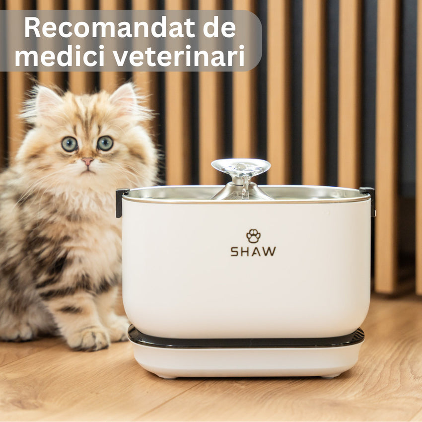 Fantana de apa SHAW® PRO V3 cu baterie si senzor inteligent, pompa wireless, sistem filtrare, silentioasa, Alb