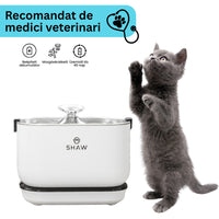 Fantana de apa SHAW® PRO V3 cu baterie si senzor inteligent, pompa wireless, sistem filtrare, silentioasa, Alb