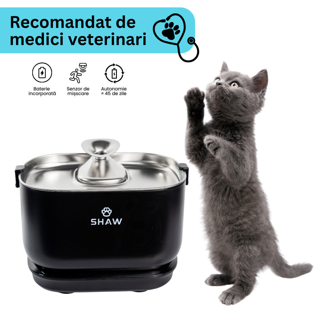 Fantana de apa SHAW® PRO V3 cu baterie si senzor inteligent, pompa prin inductie, sistem filtrare, silentioasa, Negru