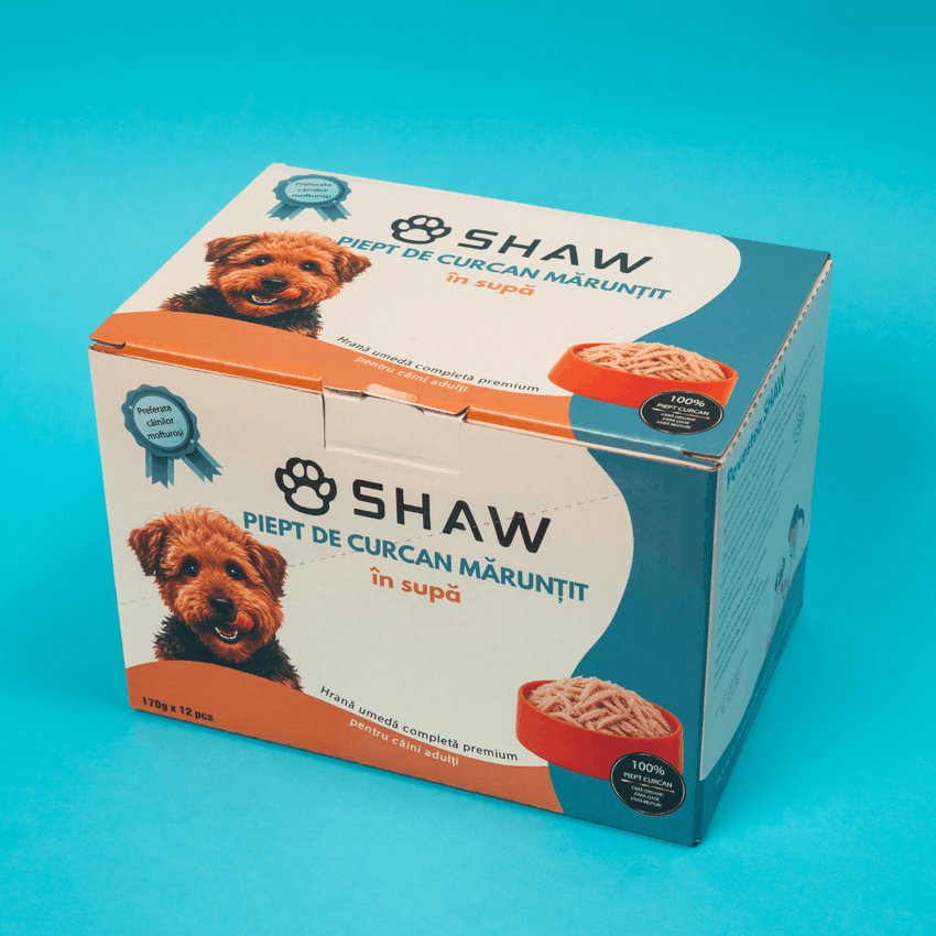 SET 12 - Hrană umedă premium pentru câini SHAW, Piept de Curcan Mărunțit în Supă, hrană completă, fără cereale, 200 g