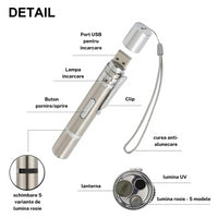 Laser 3 in 1, jucarie pentru pisici, 5 variante laser, Lumina UV, Lanterna, încărcare USB, Otel inoxidabil, Gri