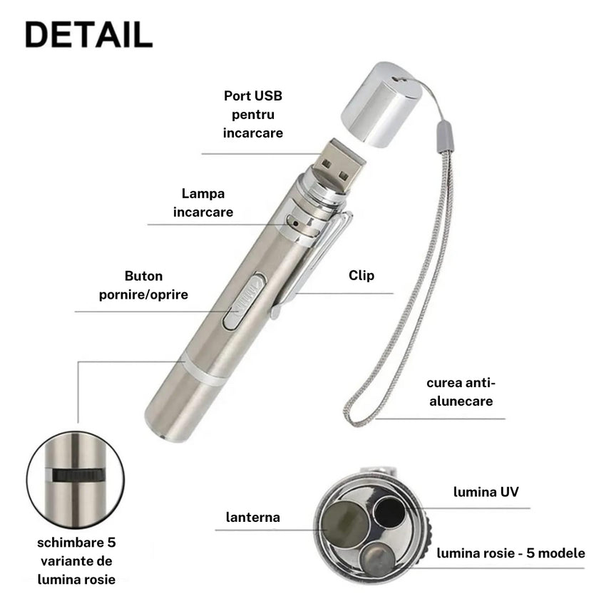 Laser 3 in 1, jucarie pentru pisici, 5 variante laser, Lumina UV, Lanterna, încărcare USB, Otel inoxidabil, Gri