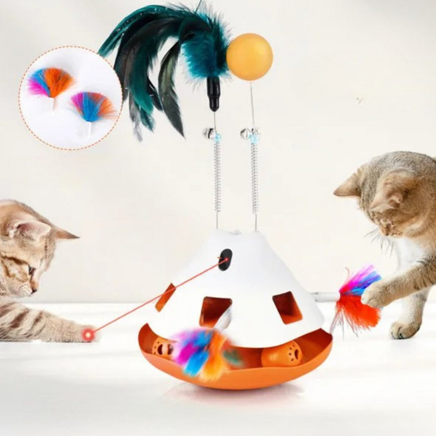 Jucarie Interactiva 3-in-1 pentru Pisici SHAW – Cu Laser, Bila, Pene si 4 Moduri de Viteza