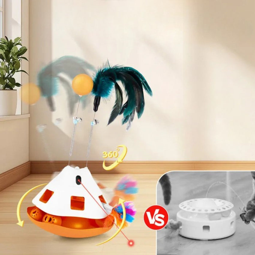 Jucarie Interactiva 3-in-1 pentru Pisici SHAW – Cu Laser, Bila, Pene si 4 Moduri de Viteza