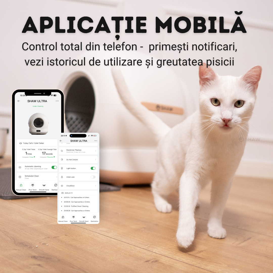 RESIGILAT - Litiera automata smart SHAW® Ultra View pentru pisici, camera video, auto-curatare, sterilizare UV, odorizant, Bej